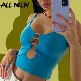 Allneon Y2K EestheTics Hollow Out The Green Cami Tops 2000S Мода Летние Отверстия Остригационные Уровень Без Без Без Без Родных Уровень E-Girl Streetwear Sexy 220407