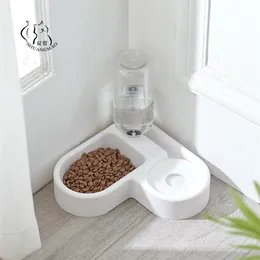 Pet Cat Feeder Bowl Dog Automatic Water Double Bowls Food Wall Corner Save Space Cats 500ml Bottle Drinking Kitten Dogs Products 220323
