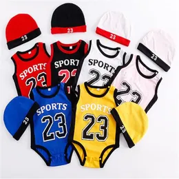 Niedliche Kinder-Baby-Designer-Kleidungsspielanzug-Kleinkind-Säuglings-Basketball-23-Druck-Kurzarm-Spielanzug mit Hut-Baby-Jungen-Mädchen-Kletter-Jumpsuits aus 100 % Baumwolle