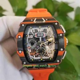 حار بيع ساعات عالية الجودة 44 مم × 50 مم RM11-03 ماكلارين هيكل عظمي من ألياف الكربون البرتقالي المطاط الشفاف الميكانيكية التلقائية للرجال ساعة يد رجالية