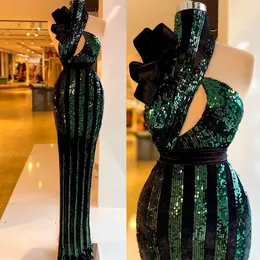 Unique Design Evening Dresses Black Green Sequined Flower High Neck Mermaid Formal Prom Party Gowns Vestidos De Novia