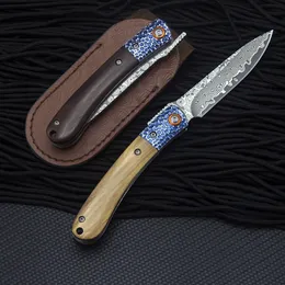 Ny R7802 Damascus Pocket Mapp Knife VG10 Damascuss Steel Blade Livewood / Ebony med stålhuvudhandtag EDC Folding Knives Läderhölje