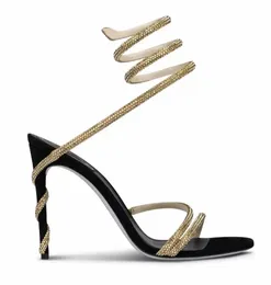 Rene Caovilla High Top-quality Stiletto Fashion-cleo-embellished Suede Sandals Heel Renes Crystal Black Snakelike Twining Rhinestone Sandals Women Summer