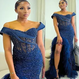2022 Plus Size Arabic Aso Ebi Navy Blue Mermaid Prom Dresses Lace Pärled Evening Formal Party Second Reception Birthday Engagement Gowns Dress ZJ522