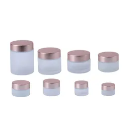 Frosted Glass Cream Jar Clear Bottle Makeup Lotion Lip Container med Rose Gold Lock Innerfoder Refillerbar rosa ansiktsgryta för fuktighetskräm
