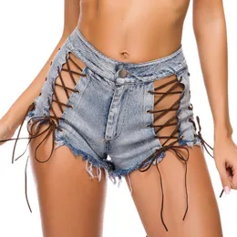 Wysoka talia seksowne damskie jeansowe spodenki jeansowe letnia bawełniana bandażowa pusta łączenie damskie obcisłe super krótkie dżinsy