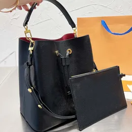 Neonoe Bucket Bag Women Handbag Purse Printing Letters Genuine Leather Drawcord Closure High Quality Shoulder Crossbody Bags Detachable Handle Strap 2pcs