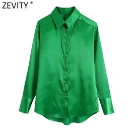 Zevity Camicetta da donna semplicemente monopetto in raso verde Camicetta da lavoro a maniche lunghe da donna da ufficio Chic Blusas Top LS9844 220407