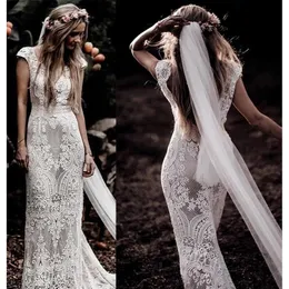 Other Wedding Dresses 2022 Short Sleeve Lace Sheath Boho Mermaid Dress V Neck Bohemian Bride Real Po Custom Made