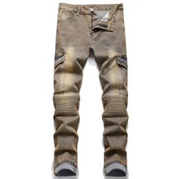 2022 New High Street Motorcycle Stretch Retro Jeans Men's Pleated Side Pocket Tooling Skinny Pants Slim Fit Nostalgic Trousers