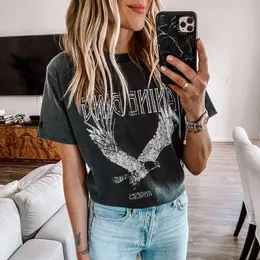 Super Chic Summer Round Neck Pullover Cotton Womens T-shirt Black Bing Eagle Print Tee Za Luly