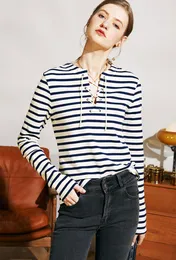 T-shirt da donna in cotone da donna a righe patchwork pullover con scollo a V manica lunga camicia casual moda da donna