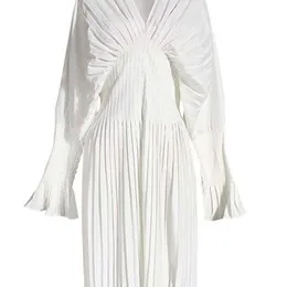 [EAM] Женщины белый плиссированный сплит большой размер длинной блузки V-воротник с длинным рукавом свободные подходящие рубашки мода весна лето 1w326 220407