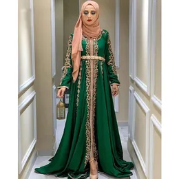 Laxsesu Moroccan Kaftan prom formal dresses 2022 hunter green gold embropidery lace Long Sleeve Arabic Muslim evening gowns