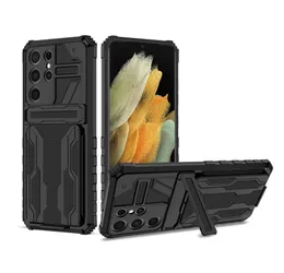 Armor Card Slot Cases Heave Duty Hybrid stötsäker Kickstand Protective Phone Cover för Samsung Galaxy S22 S21 S20 Plus Ultra S21FE S20FE