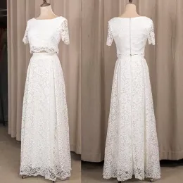 2022 Spitze kurze Ärmel Brautkleider Zweiteiler Brautkleid U-Ausschnitt bodenlang Plus Size nach Maß Reißverschluss hinten Boho Strand Vestido de Novia