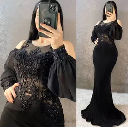 Elegant Arabic Aso Ebi Black Beaded Evening Dresses Long Sleeve Trumpet Formal Occasion Gowns Crew Neck Mermaid Prom Dress Robe De Soriee