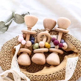 1PC Baby Teether Toys Beech Wooden Rattle Wood Teething Rodent Ring Silicone Beads Musical Chew Play Gym Montessori Stroller Toy 220531