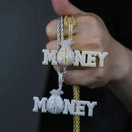 Buzlu ABD Doları Para Çanta Kolye Altın Gümüş Renk Bling Kübik Zirkon Döşen Erkekler Hip Hop Kolye Takı Damlası