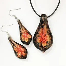 1 Conjunto de brinco de colar artesanal Conjunto de brindes Murano Glass Orange Flor Jinsha Waterdrop Pingente