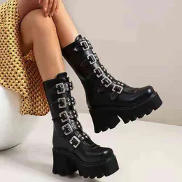 New Ladies Punk Rock Platform High-heeled Boots with Thick-soled Handsome Rear Zipper Large Size Stage 220815