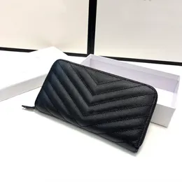 Modekorthållarkort Holder Designer plånbok lång 19 cm V-formad kaviarläder blixtlås kvinnor klassisk koppling svart multifunktionell mynt handväska kvinnväska plånböcker