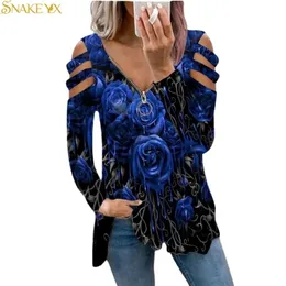 SNAKE YX Graphic Tee Woman Tshirts Rose Printed Long Sleeve Zipper V-neck TopSoft Comfortable Oversized T Shirt Goth 220408