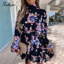 SouthPire Donanma Çiçek Baskı Gevşek Stil Mini Elbise Kadınlar Uzun Kollu Yüksek Boyun Parti Elbise Bayanlar Gün Rahat Giysileri Bahar 220423