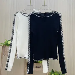 213 2023 Milan Runway Spring Summer Brand Same Style Sweater Long Sleeve White Black Crew Neck Striped Pullover High Quality Womens qian