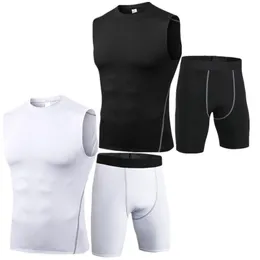 Gym Kleding Men Sport strakke shorts broek Vest Boy Tank Mouwloze T-shirt Top Compressie Singlet Fitness Outdoor Training Training Cycling
