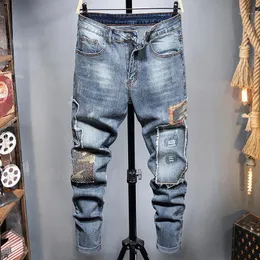 Męskie dżinsy męskie zgrywanie zniszczone dorywczo dopasowany krój moda Streetwear europejski i amerykański kamuflaż Patchwork rozciągliwe spodnie