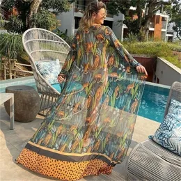 Blätter-Druck-Bikini-Strand-Cover-up-Tuniken für langen Kaftan Robe de Plage Sarong-Badeanzug-Cover S 220704gx