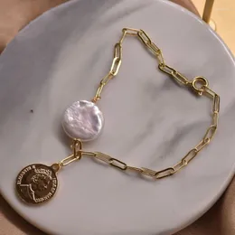 Łańcuch linków Vintage Delikatna bransoletka ze stali nierdzewnej prawdziwa baroque perłowa moneta urok unisex biżuteria