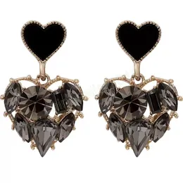 Fashion Jewelry Black Heart Diamond Rhinestone Dangle Earrings S925 Silver Post Women Elegant Hearts Earrings