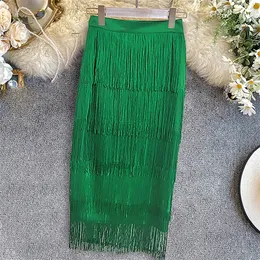 MD Green Patchwork Tassel Women Skirt High Waisted Bodycon Midi Robes Plus Size Elastic Skirts South Africa Ladies Slim Jupe 210306