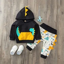 Set di vestiti con stampa di dinosauro per bambini Maglione con cappuccio a maniche lunghe per ragazzi per bambini + Pantaloni Pantaloni Primavera Autunno Due pezzi 220507