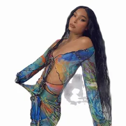 Fritidsklänningar Butterfly Tie Dye Tryckt Sheer Mesh Miniklänning Y2k Sexig Estetisk Cut Out Långärmad Bodycon ClubwearCasual