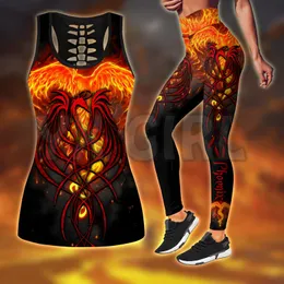 Zweiteilige Hose für Damen, Phoenix Tattoo, 3D-gedrucktes Tank-Top, Leggings, Kombi-Outfit, Yoga, Fitness, Damen