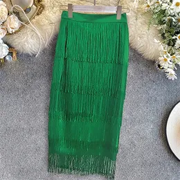 MD Green Patchwork Tassel Women Skirt High Waisted Bodycon Midi Robes Plus Size Elastic Skirts South Africa Ladies Slim Jupe 210311