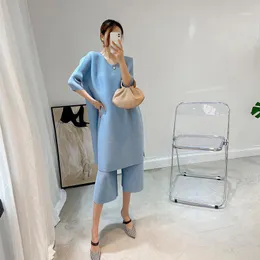 Miyake Pleated Spring Summer 2022 Fashion Two Piece Set Plus Size Casual Aesthetic Clothes Wide Straight Leg Pants Suit Dress Women's Tracks