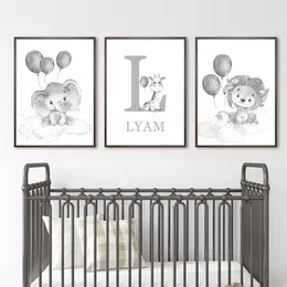 Benutzerdefinierte Baby-Initialen Name Elefant Löwe Aquarell Poster Kinderzimmer Wandkunst Leinwand Malerei Druck Bilder Kinderzimmer Home Decor 220614