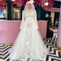 Turkish Islamic Muslim Wedding Dress 2 in 1 2022 Full Lace Mermaid Wedding Dresses With Detachable Train Long Sleeve Dubai Arabic Country Church Bride Gown For Women