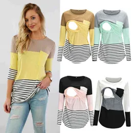 Women Pregnant Maternity Clothing Nursing Tops Breastfeeding Striped T-shirt Mom Long Sleeve S/M/L/Xl/Xxl L220801