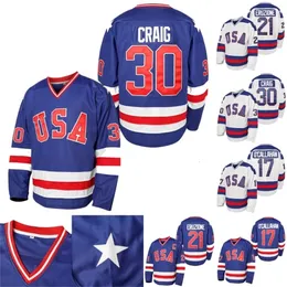 Ceomit Mens 1980 Ice Hockey Jersey에 대한 미국 기적 #17 Jack O'Callahan #21 Mike Eruzione #30 Jim Craig Hockey Jerseys s-xxxl in Stock Blue White
