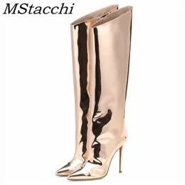 Mstacchi damskie złote srebrne srebrne palec kolan dla kobiety seksowne wysokie obcasy buty imprezowe damskie buty sztyletowe 220810