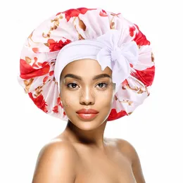 Elastic Band Large Satin Silk Bonnet Cap Spring Women African Print Beanie Hat Night Sleep Cap Hair Care Tie Headwrap Turban Cover Femme