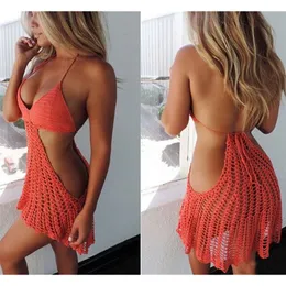 H80S90 Mulheres Sexy Handmade Crochet Profundo Decote Em V Backless Oco Out Praia Swimwear Lady Feminino Tank Top Bikini Dress 220331