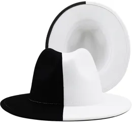 Black White Patchwork Wool Felt Jazz Fedora Hat Women Unisex Wide Brim Panama Party Trilby Cowboy Cap Men Gentleman Wedding Hat 220812