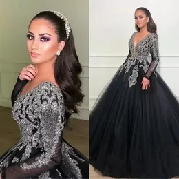 Sexy Ball Gown Long Sleeves Evening Dresses 2022 Black V-Neck Classical Appliques Beads Top Prom Dresses Formal Party Pageant Dress