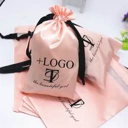 20PCS Pink Satin Hair Packaging Jewelry Cosmetic Makeup Silk Drawstring Pouch Party Gift Storage Sachet Print Shoe Bag 220706